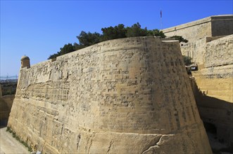 Moat and fortified city walls, Saint John bastion, Valletta, Malta, Europe