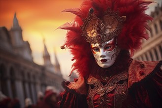 A person adorned in a traditional Venetian carnival mask and costume, with the iconic architecture