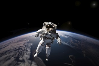 Astronaut Floating Above Earth in Space with extravehicular mobility unit and backpack. Wonder and