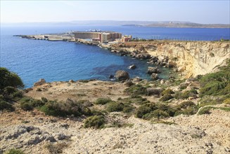 Coastal scenery view towards island of Gozo from Cirkewwa, Republic of Malta