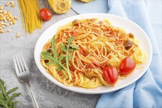 Corn noodles with tomato sauce and arugula on a gray concrete background and blue textile. Side