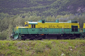 Diesel locomotive of the White Pass Railway, Skagway, Alaska, USA, North America