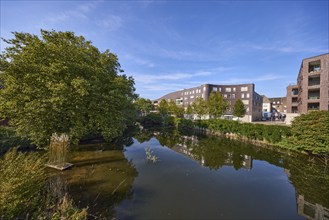 Trees and modern buildings are reflected on the surface of the Bocholter Aa river under a blue sky