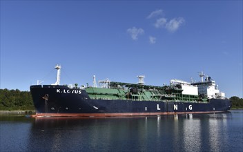 Tanker K.Lotus travelling through the Kiel Canal, Kiel Canal, Schleswig-Holstein, Germany, Europe