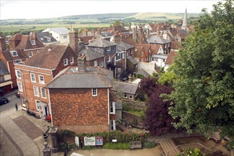 View over rooftops of buildings, Lewes, East Sussex, England, United Kingdom, Europe