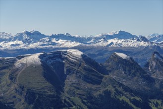 View from the alpine peak Säntis to the Appenzell Alps, 2505m altitude, Schwägalp, snow-covered