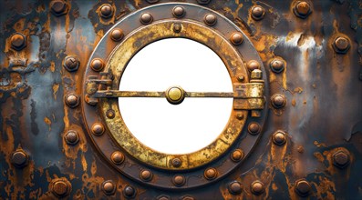 Vintage aged brass ship porthole mounted on a rusty iron hull with a white background. generative