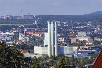 Cityscape Dresden with power station Nossener Brücke, Yenidze and construction site Infineon,