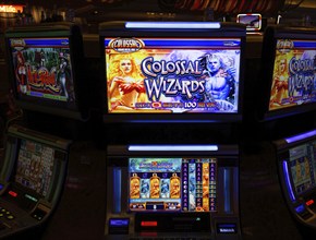 Las Vegas, Nevada, USA, March 10, 2020: Casino machines in the entertainment area at night waiting