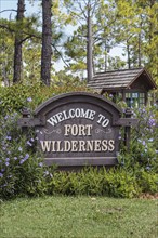 Welcome sign at entrance to Fort Wilderness campground at Walt Disneyworld in Orlando, Florida,