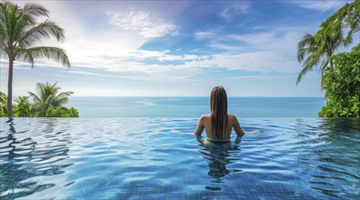 Woman swimming in infinity pool on Caribbean vacation looking at ocean scenic landscape, AI