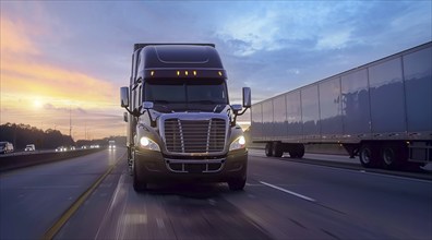 Long haul container truck carrying commercial cargo delivery, Close-up and low-angle, AI generated