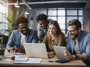 Confident successful business team of co-workers discuss business and success strategy, AI