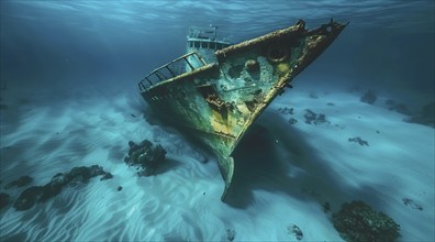 A shipwreck is seen in the ocean deep underwater, AI generated