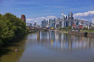 The river Main with regional railway on the Deutschherrnbrücke and the skyline of Frankfurt am