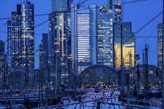 Railway tracks in front of the main railway station in Frankfurt am Main, skyline of skyscrapers in