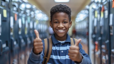 Cute african american school boy giving a thumbs up in the hallway of his school. generative AI, AI