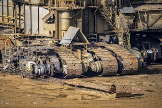 Garzweiler opencast lignite mine, bucket wheel excavator undergoing maintenance and repair, near