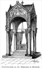 Altar altar in Sant Ambrogio in Milan, canopy, superstructure over altar, four corner columns,