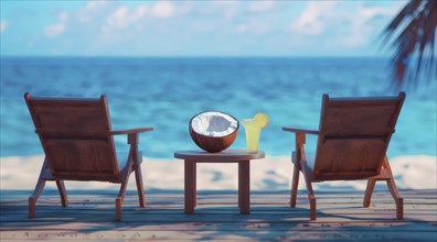 Beach scene with coconut, chairs and cocktail. Summer vacation and ocean in the background, AI