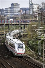 ICE train on the railway line between Mülheim an der Ruhr, in the background and Duisburg, busy