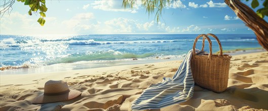 Beach scene with a straw hat, beach bag. Summer vacation, palm trees and ocean in the background,