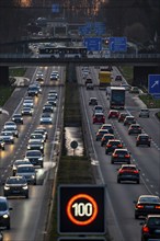 Motorway A40, Ruhrschnellweg, near Bochum, dense evening traffic, in front of the motorway junction