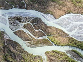 The widely branching arms of river Jostedalsola, a glacial river originating in the Jostedalsbreen