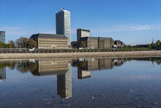 Skyline of houses on the banks of the Rhine in Düsseldorf's old town, Vodafone tower block, North