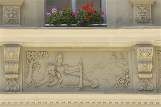 Relief sculpture Fortitudo, allegory of valour, courage, strength, power, inscription, allegorical,