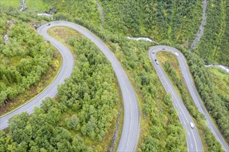 Hairpin curves in valley Hjelledalen east of Stryn, Norway, Europe