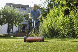 Man with hand lawnmower in the garden, Bonn, 04.07.2024