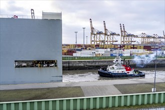 North lock in the overseas port of Bremerhaven, the vehicle transporter Durban Highway, under the