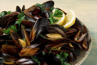 Fresh, Boiled mussels, Black Sea, with parsley and lemon, no people