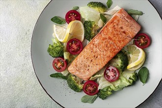 Grilled salmon fillet, with vegetables, broccoli, cherry, iceberg lettuce, spices and herbs,