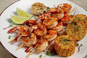 Tiger prawns on skewers, shrimp kebab, with corn, fried, homemade, no people