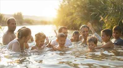 People being baptized in Jordan River in Israel in Baptist ceremony, AI generated