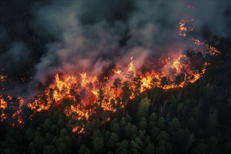 Aerial view of a forest fire is raging through a forest, with smoke and flames visible in the air.