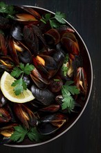 Fresh, Boiled mussels, Black Sea, with parsley and lemon, no people, top view