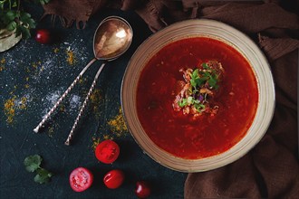 Traditional Georgian dish spicy tomato, Kharcho soup, on a dark background, no people, top view