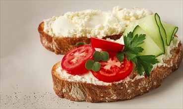 Sandwich, with cream cheese, homemade, on a cutting board, rustic style, no people, selective