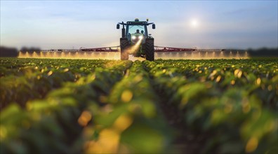 A red tractor is spraying a field of green plants, AI generated