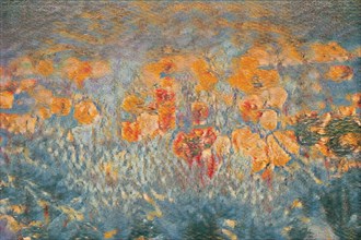 Abstract depiction of a field with poppies in pastel-coloured, artistic brushstrokes