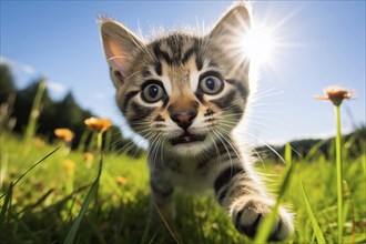 Playful Cute Kitten outdoors in Sunlit Grass. Kitten excitement and wonder as it explores the