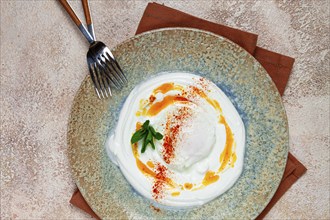 ?ilbir, traditional Turkish breakfast, Turkish eggs with yogurt and butter, homemade, no people