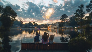 Friends and family enjoying the summer holiday fireworks on the lake. generative AI, AI generated