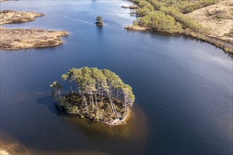 Aerial view of island Dumbledore's Grave, Harry Potter film location, lake Loch Eilt, scottisch