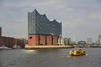 Europe, Germany, Hanseatic City of Hamburg, Elbe, Elbe Philharmonic Hall seen from the water, three