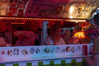 Food stand selling streetfood during the Gentse Feesten, Ghent city festival, summer festivities in