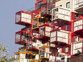 Colored balcony, modern building Ting 1, city Örnsköldsvik, Sweden, Europe